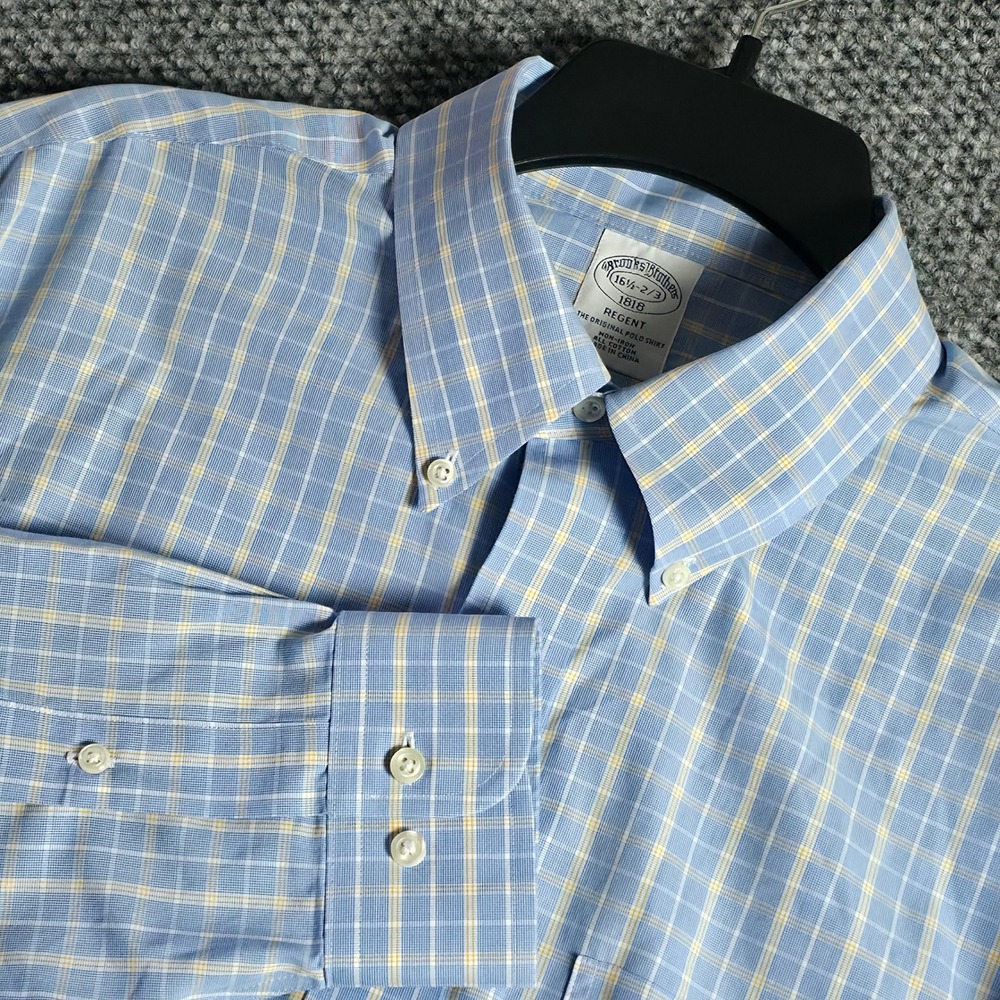 Brooks Brothers Regent Blue Yellow Check Long Sleeve Dress Shirt Mens 16 1/2-2/3